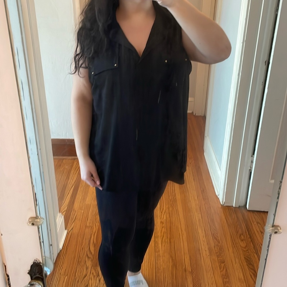 Plus size, black, collared, sleeveless tank top with gold details